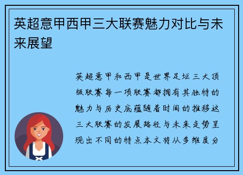 英超意甲西甲三大联赛魅力对比与未来展望